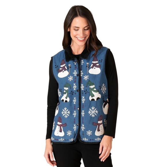 Life Style Small Denim Vest Snowman Holiday Christmas Embroidered Ugly Party 414 - Picture 1 of 9